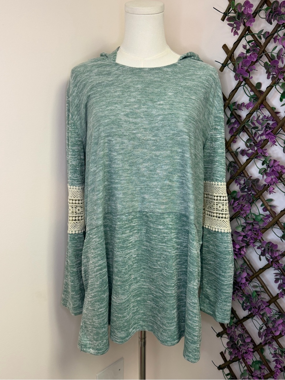 Sage Green Hooded Tunic with Crochet Sleeve Detail